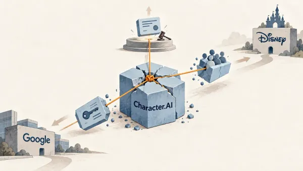一个裂开的 Character.AI 方块被拉成几块，人员和许可卡分别飘向迪士尼与 Google，琥珀色细线仍从核心连着每一块。