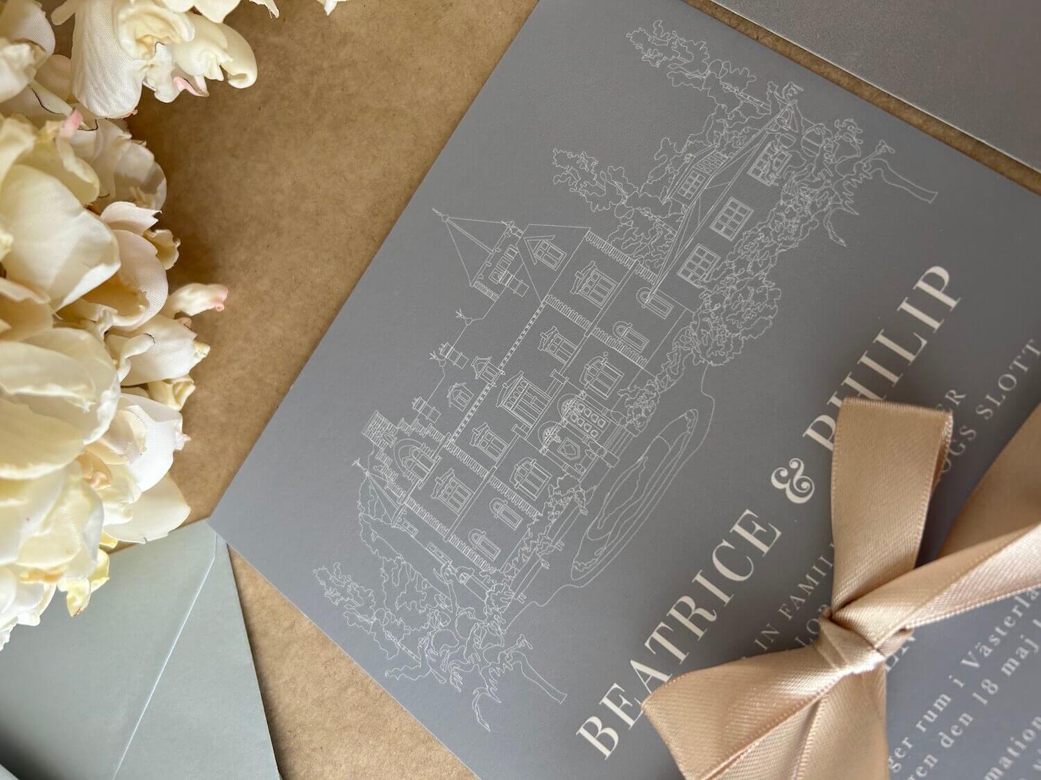 Lägg till fina illustrationer av bröllopslokalen på inbjudningskorten