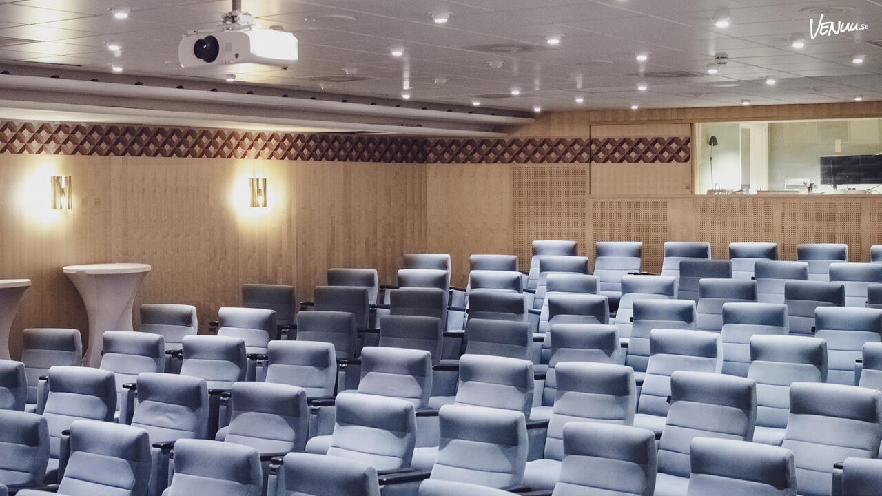 Ett professionellt och rymligt auditorium med bekväma stolar i rader och en scen med stor skärm.