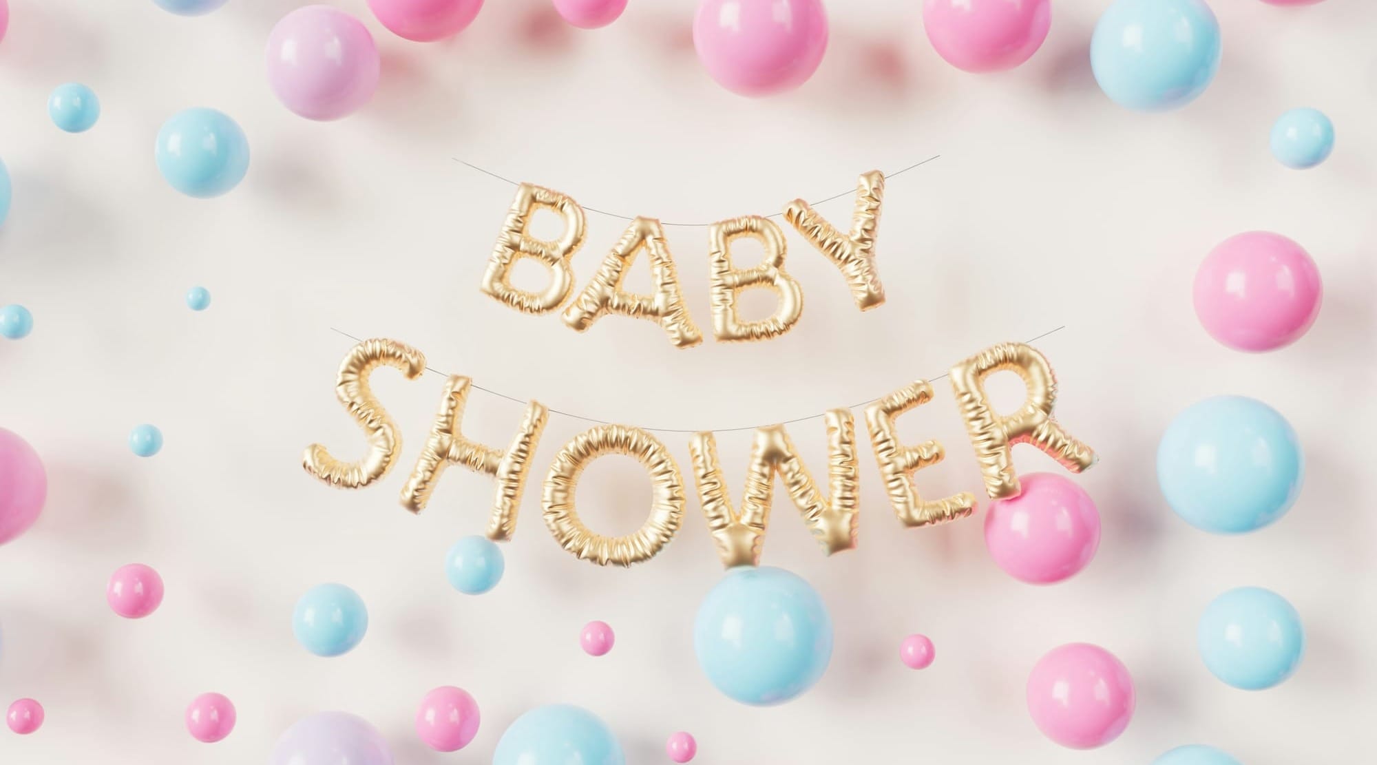 Färgglad dekoration med rosa och blå ballonger och skylt – perfekt för ett digitalt babyshower quiz Kahoot.