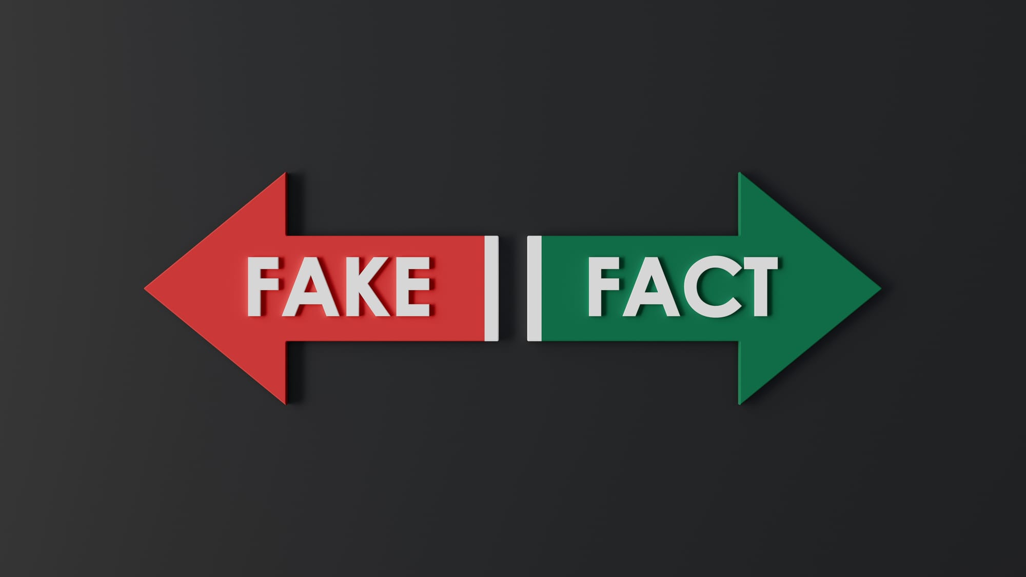 Två pilar, en röd med texten 'FAKE' och en grön med texten 'FACT', pekar åt motsatt håll, perfekt för quiz frågor om sanning eller lögn i frågesport för vuxna.