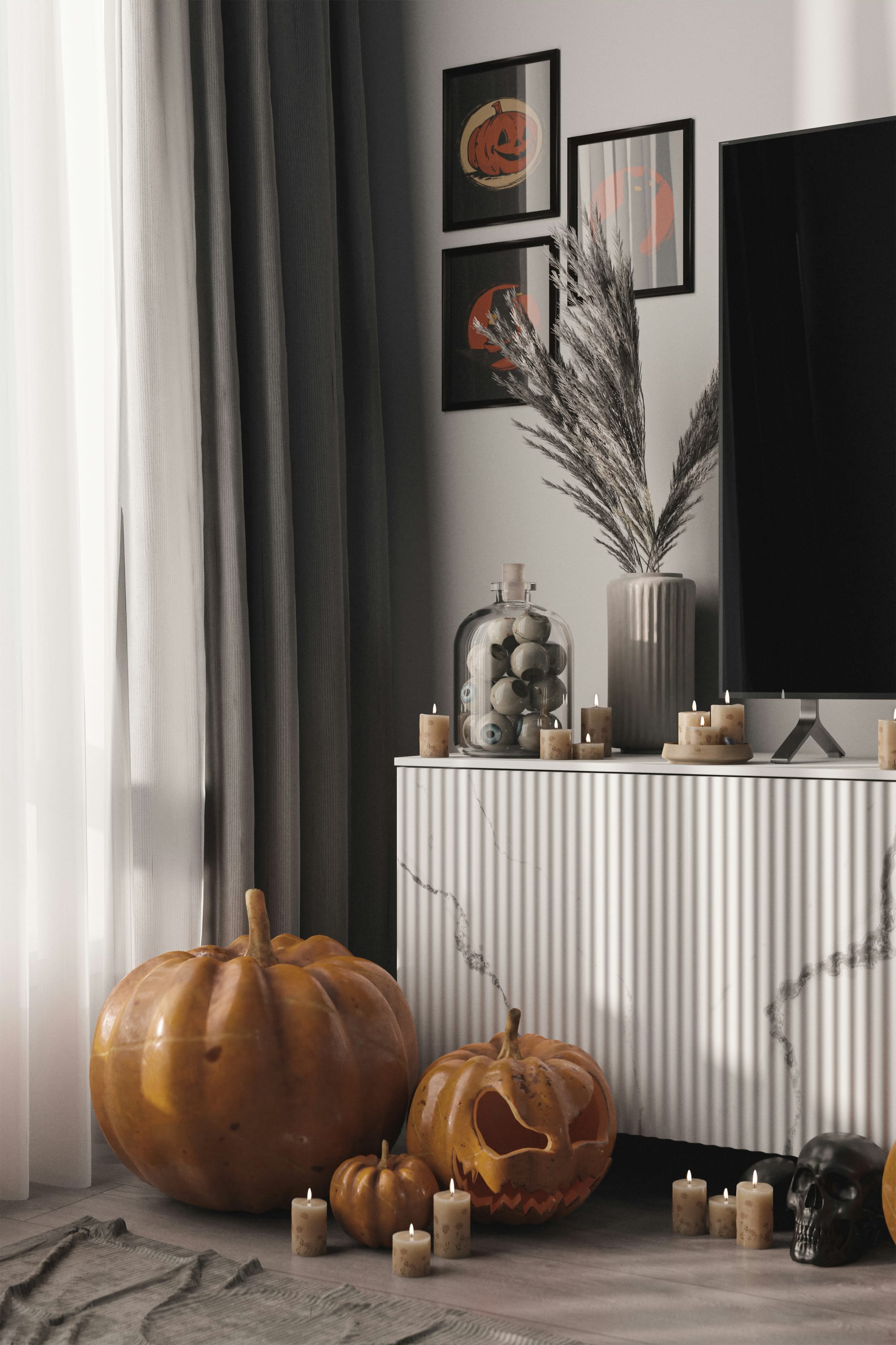 Halloween dekorationer i ett vardagsrum med pumpor, ljus och en skål med ögonglober, skapar stämning för en Halloween fest inomhus.