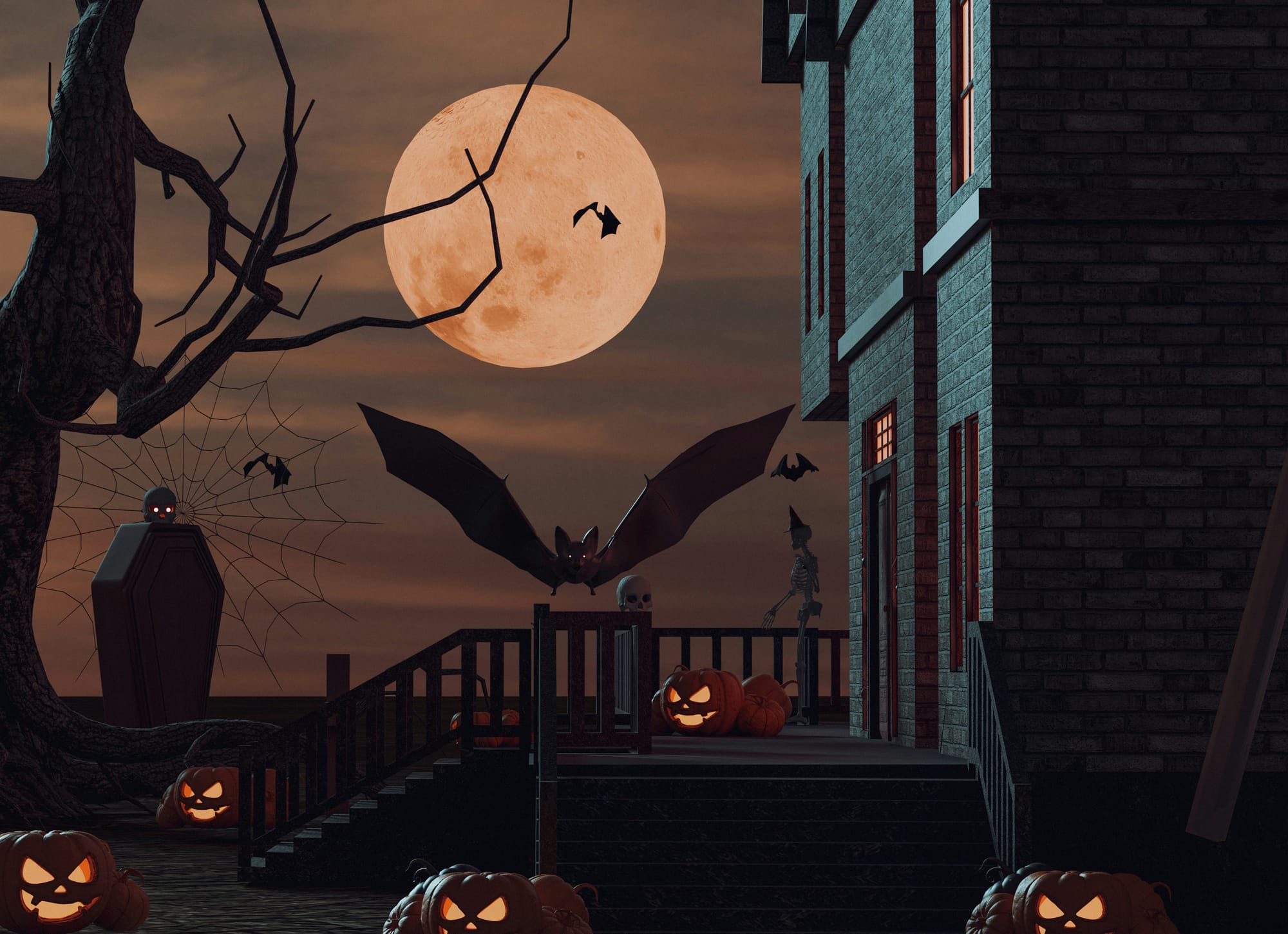 Spöklikt hus och pumpor på en Halloween fest under fullmåne, med flygande fladdermöss och skelett som dekoration. Perfekt för Halloween kalas utomhus.