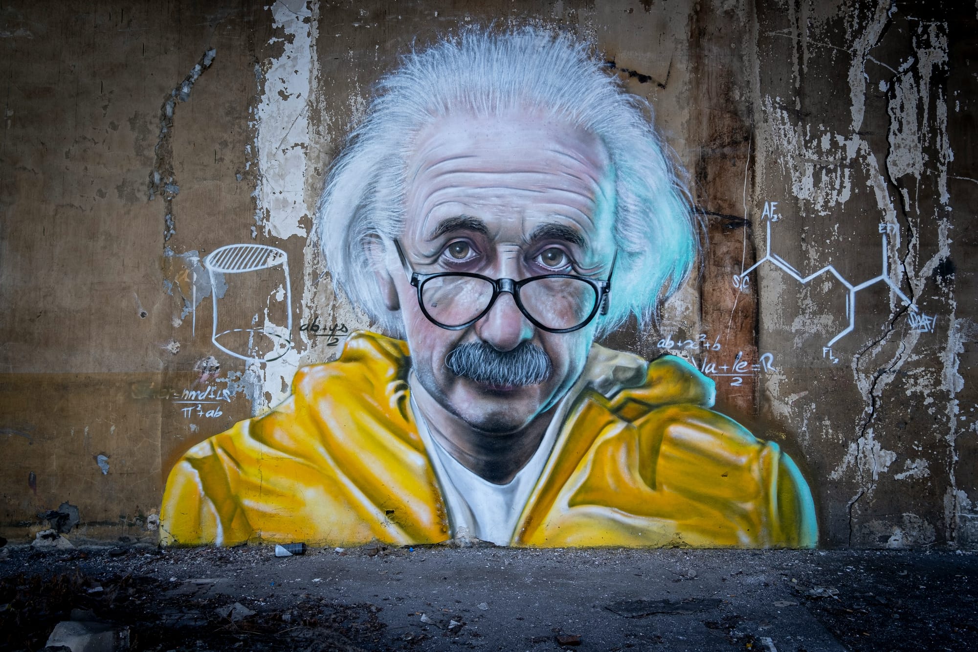 Graffiti-målning av Albert Einstein med ekvationer och molekylära strukturer i bakgrunden, illustrerar kluriga quiz frågor och allmänbildning.