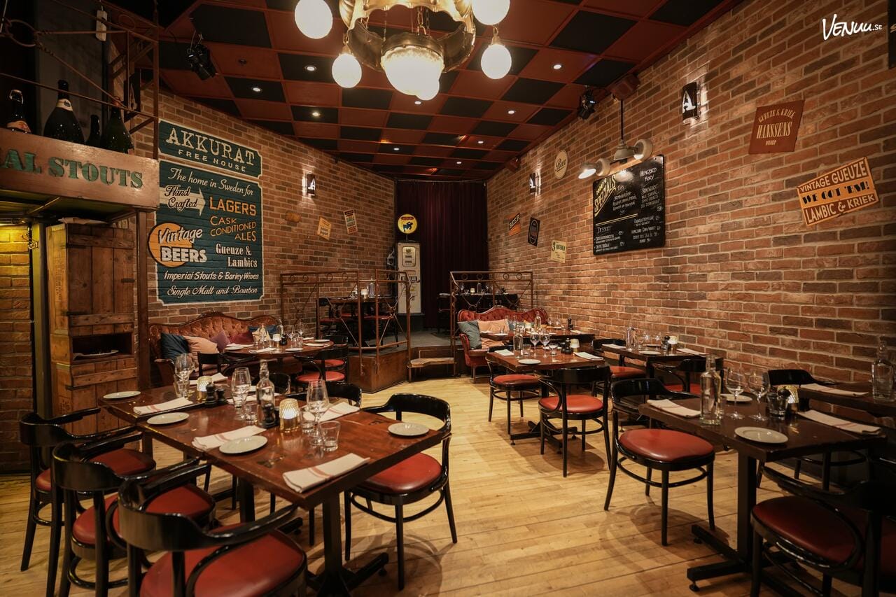 Akkurat Matsalen, en rustik restaurang i Stockholm för middag och fest.