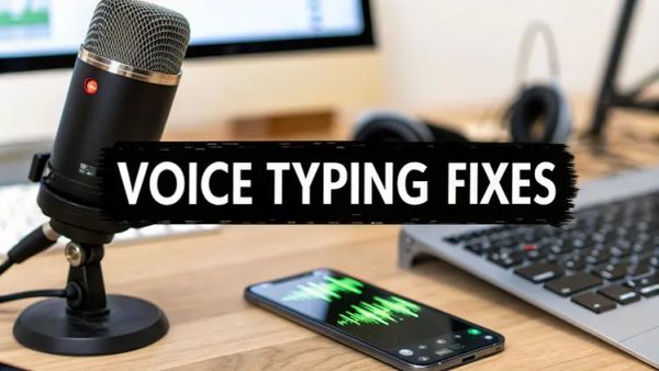 Voice typing fixes cover image which displays a phone, a microphone and a keyboard in the background.