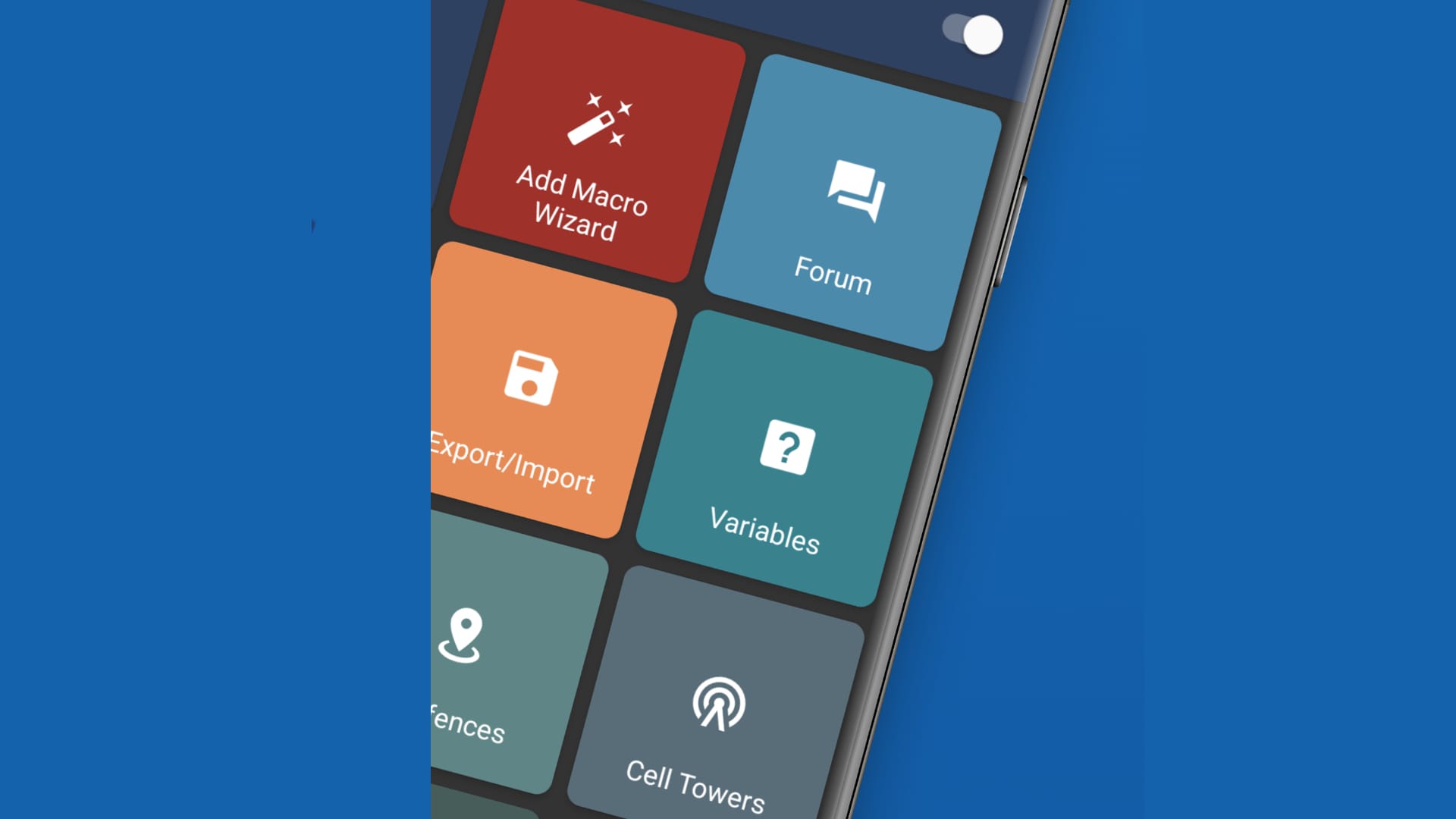 Close-up of the main Macrodroid app homepage showing the different tiles