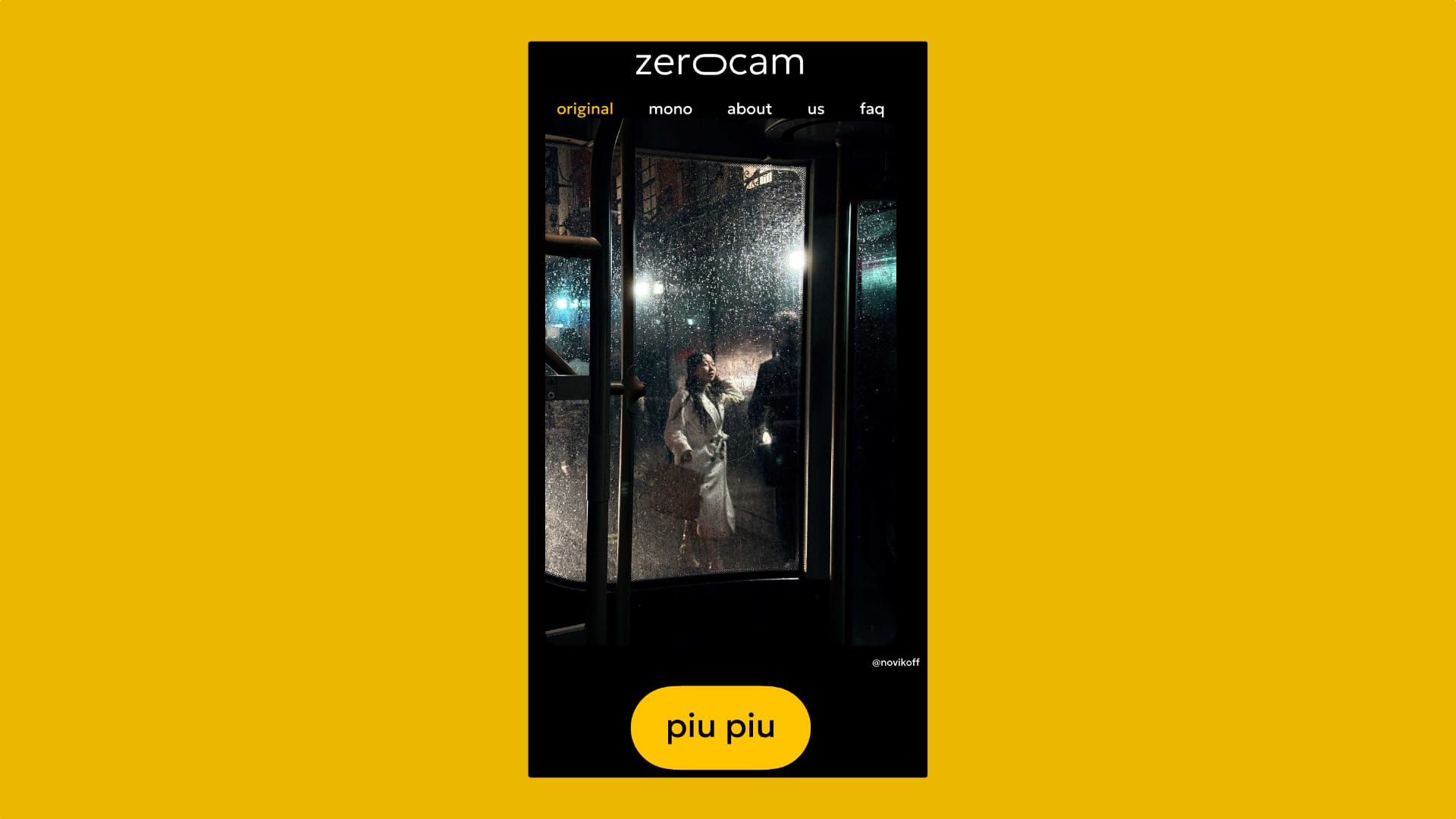 Picture from the Zerocam website showing the UI of the app with an image of a woman on a rainy night in the viewfinder.