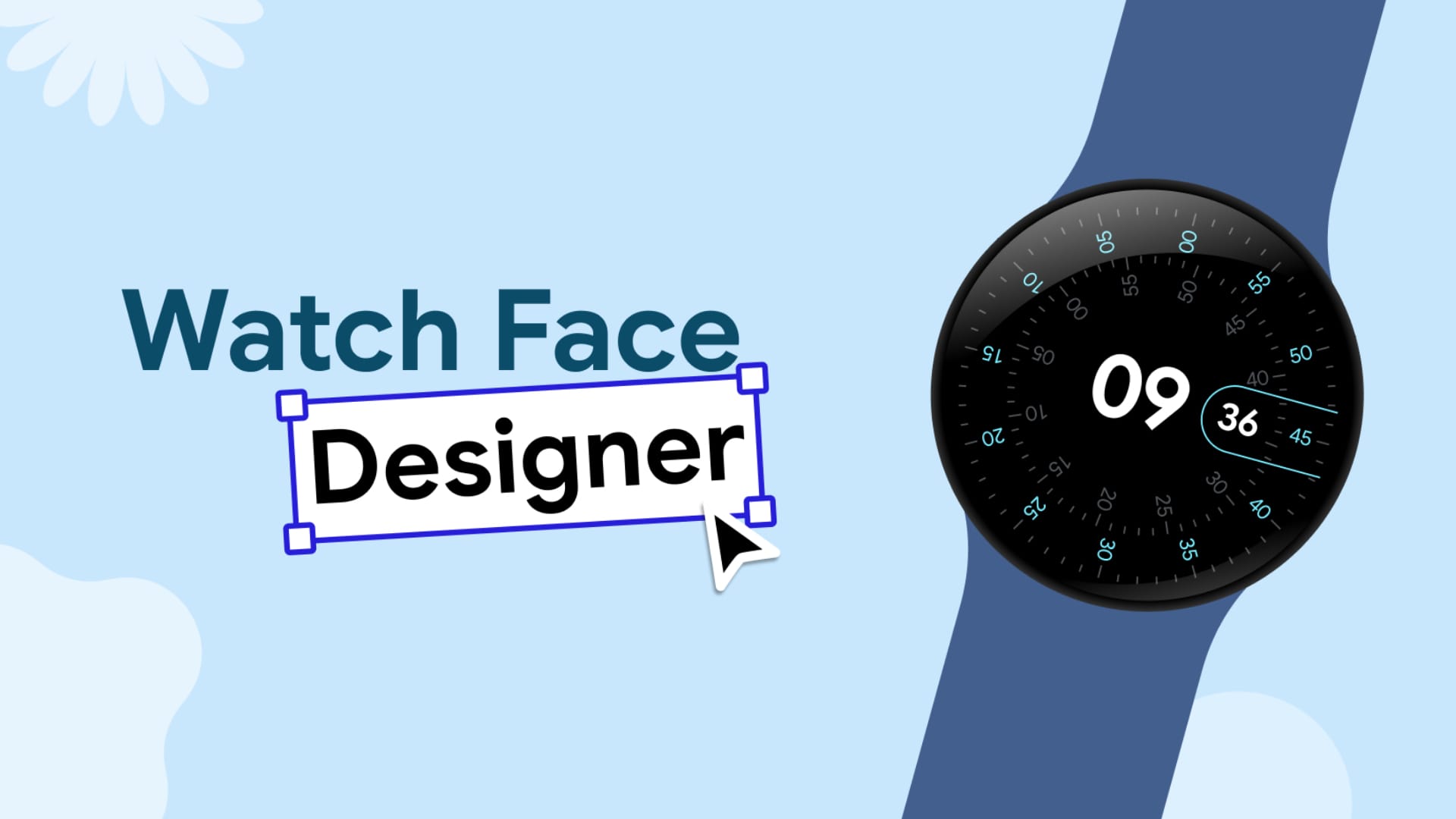 The words "watch face" with the word "designer" in a clickable box and a Pixel Watch on the right side.
