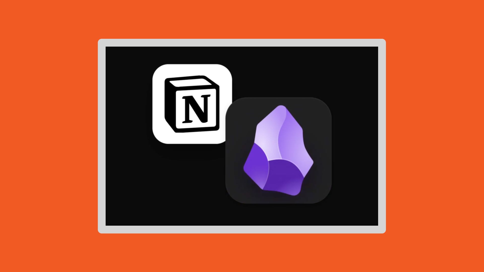 The Notion and Obsidian logo in a frame on an orange background.
