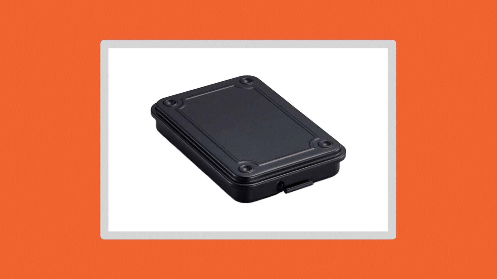 A black metal box on a white background.