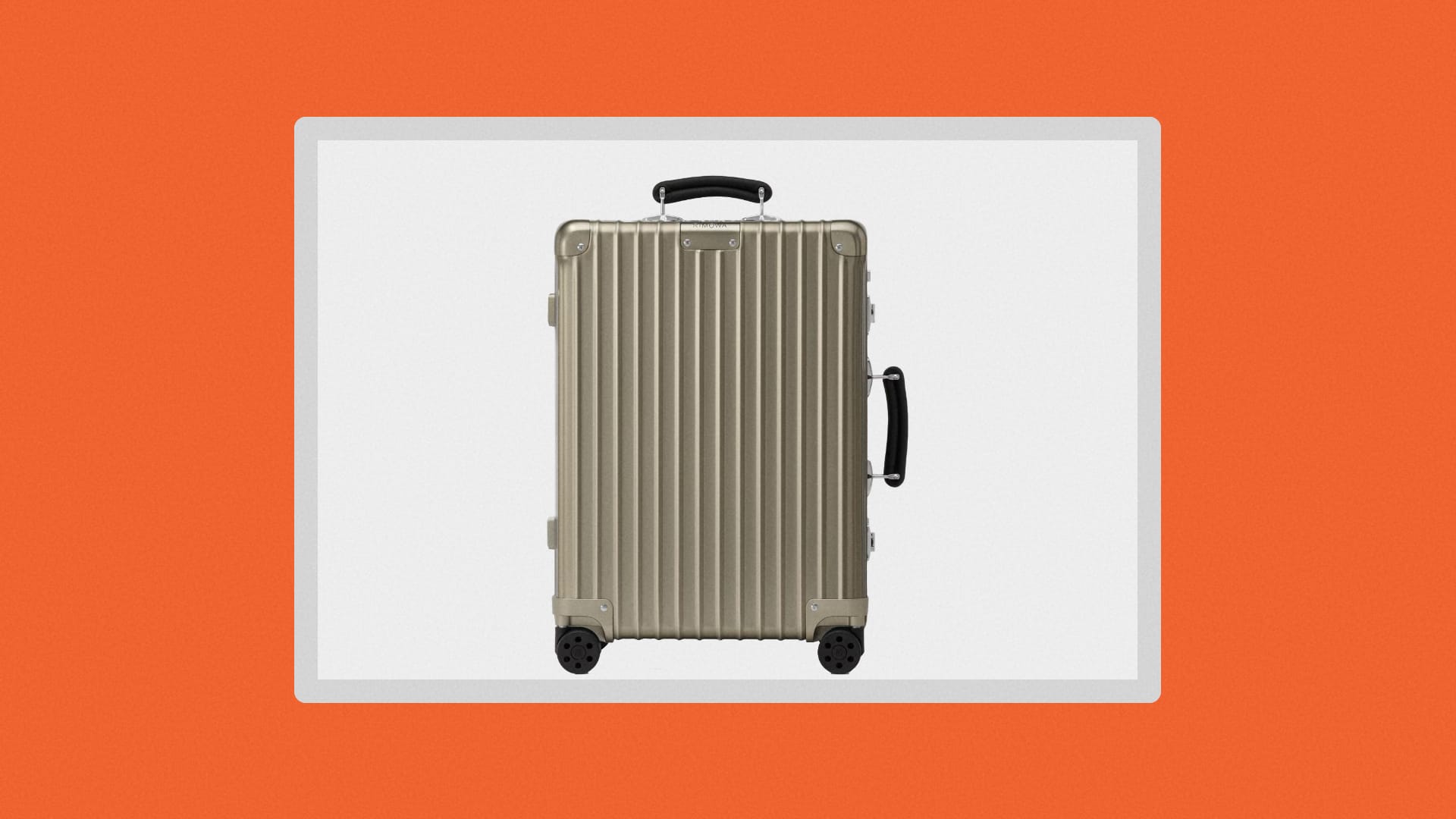Front view of the titanium Rimowa luggage.