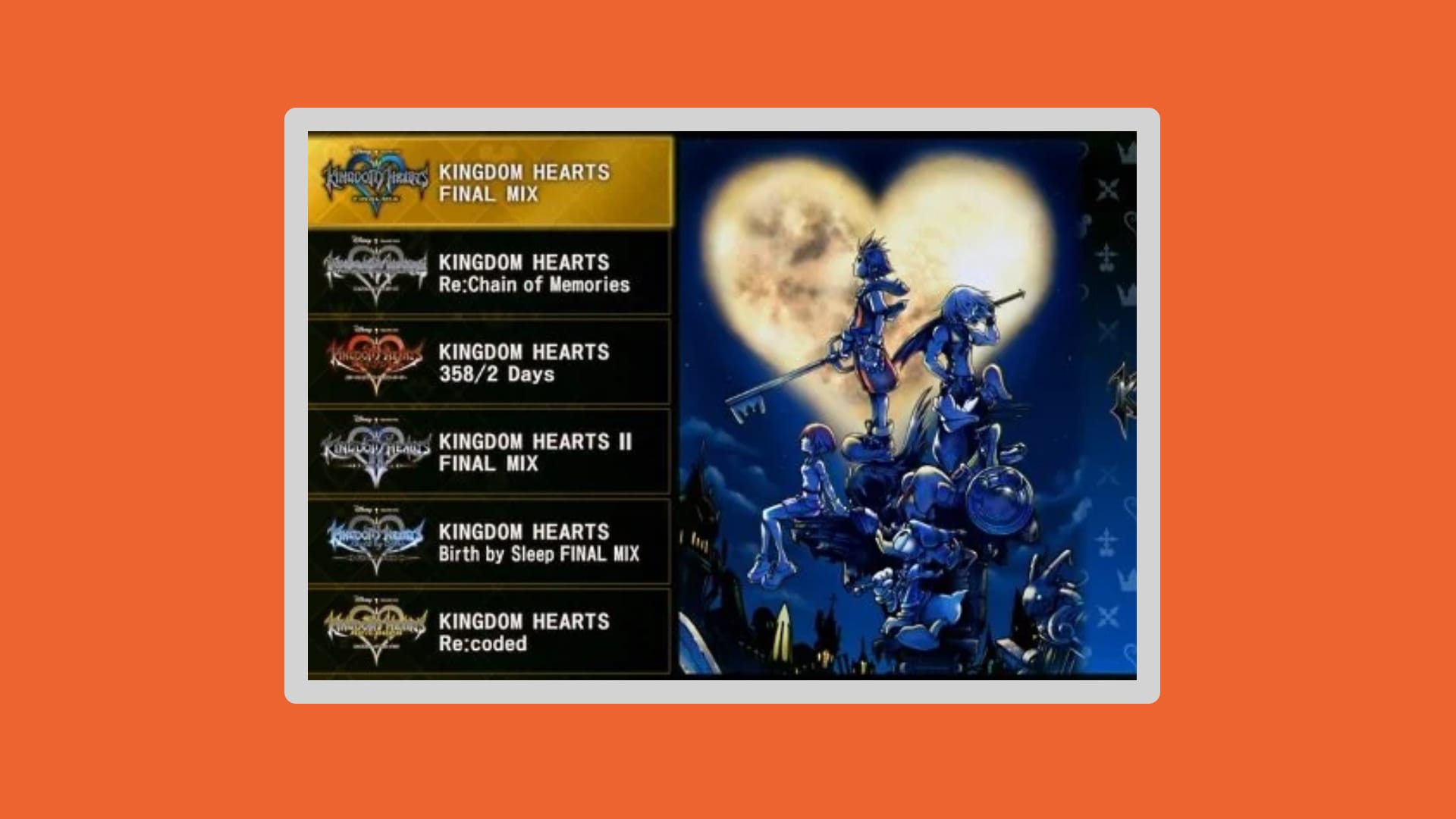 Loading screen for Kingdom Hearts with characters on the right and the games on the left.