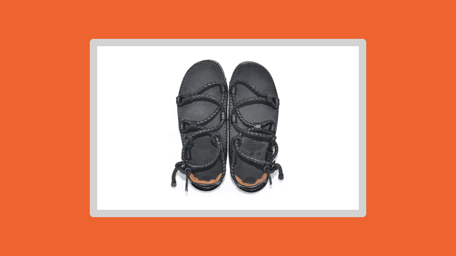 Top down shot of the black sandals on a white background.