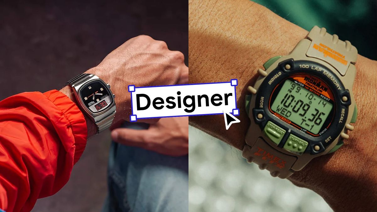 The Brew metric on the left and the Timex Ironman on the right with the word "Designer" in the middle. 