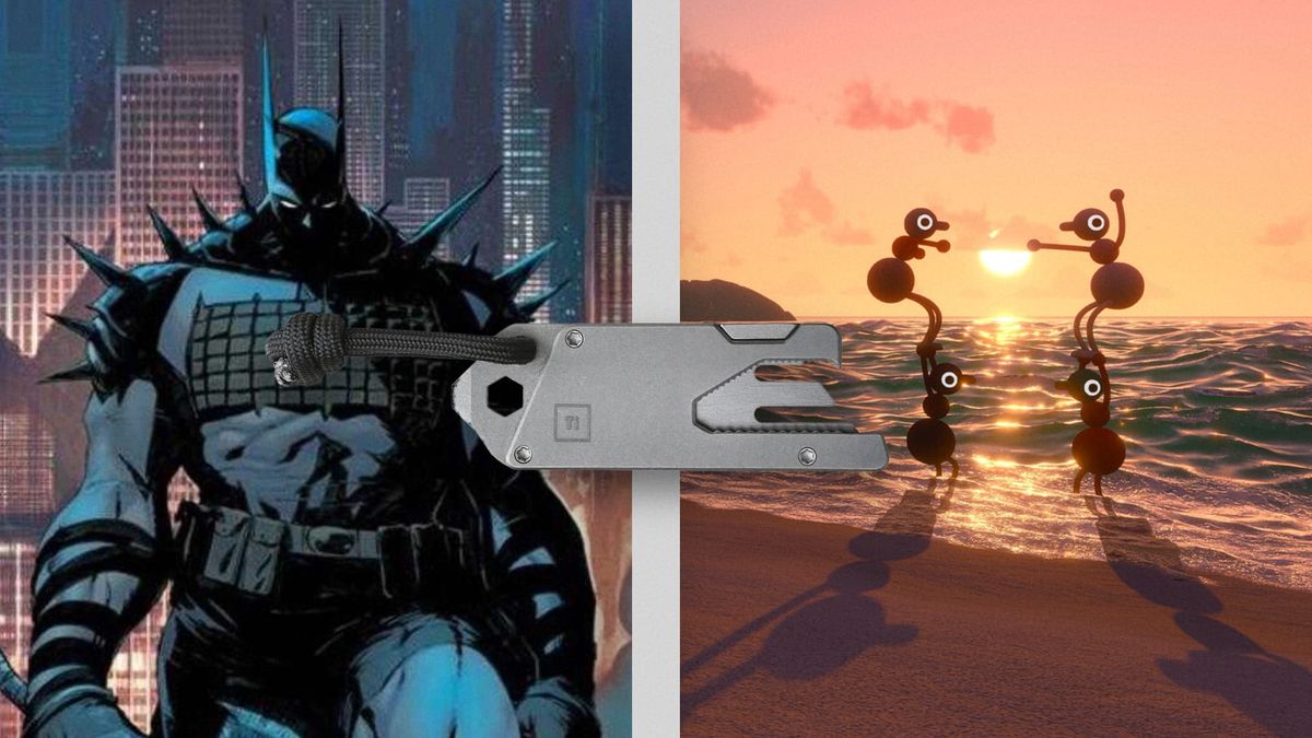 Batman on the left with the titanium pocket tool in the center, and the game characters from Big Walk playing on a beach at sunset on the right.