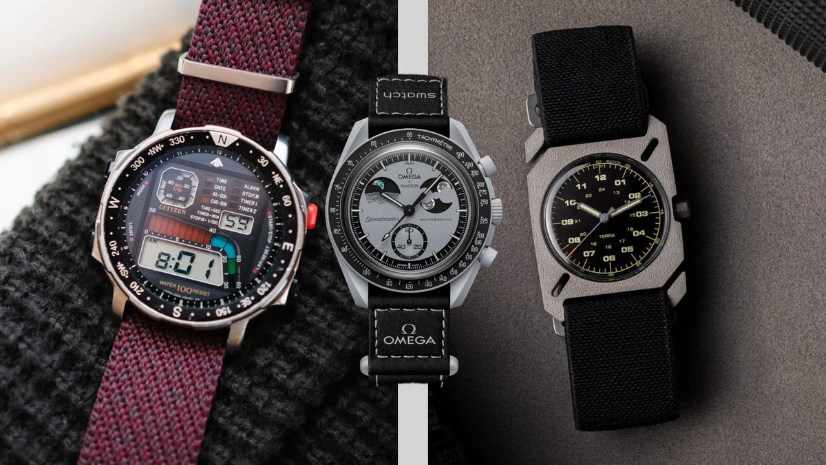 A quirky '80s digital watch on the left, a Moonswatch in the middle, and a new toolwatch on the right. 