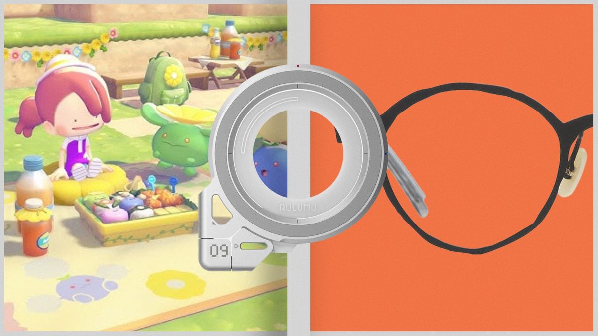 Screenshot of Pokemon Pokopia on the right with a MagSafe accessory in the middle and glasses to the right.