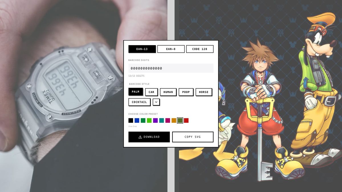 Picture of watch on the left, colorful options in the center, and the cover of Kingdom Hearts on the right.