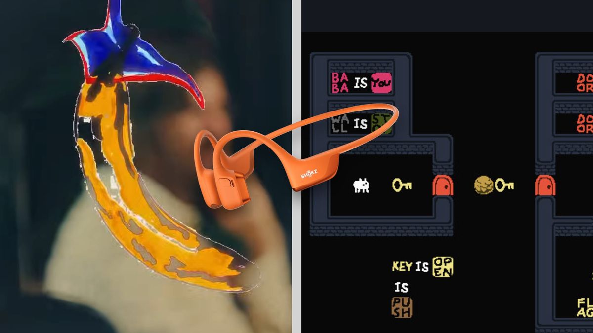 Kevin Parker from Tame Impala on the left, headphones in the middle, and a pixel art game on the right.
