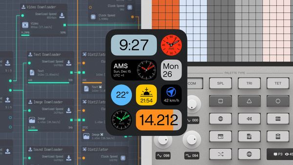 Screenshot of Upload Labs game on the left with a synth on the right and then a colorful widget overlaid on top of both of them.