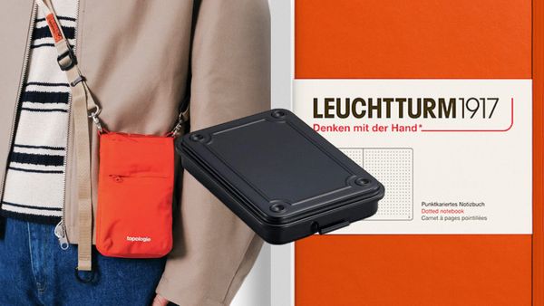 Pictured is a man on the left wearing a phone sling, with a metal storage box in the center, and a close-up of an orange notebook on the right.