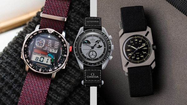 A quirky '80s digital watch on the left, a Moonswatch in the middle, and a new toolwatch on the right. 