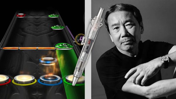 Clone hero on the left with a pen in the center and author Haruki Murakami on the right.