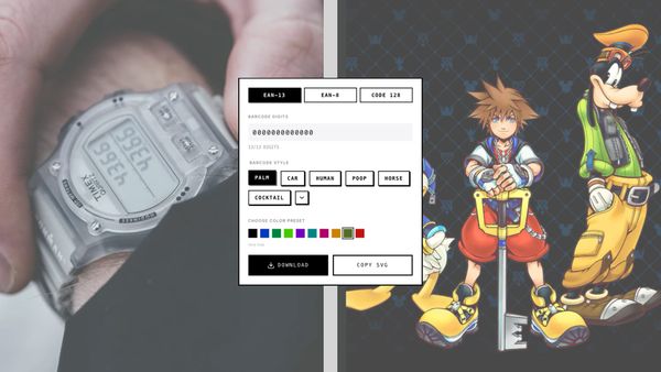 Picture of watch on the left, colorful options in the center, and the cover of Kingdom Hearts on the right.