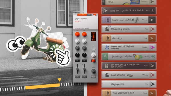 Image of a scooter being edited on the left, a stack of cassettes on the right, and a mixer in the middle.