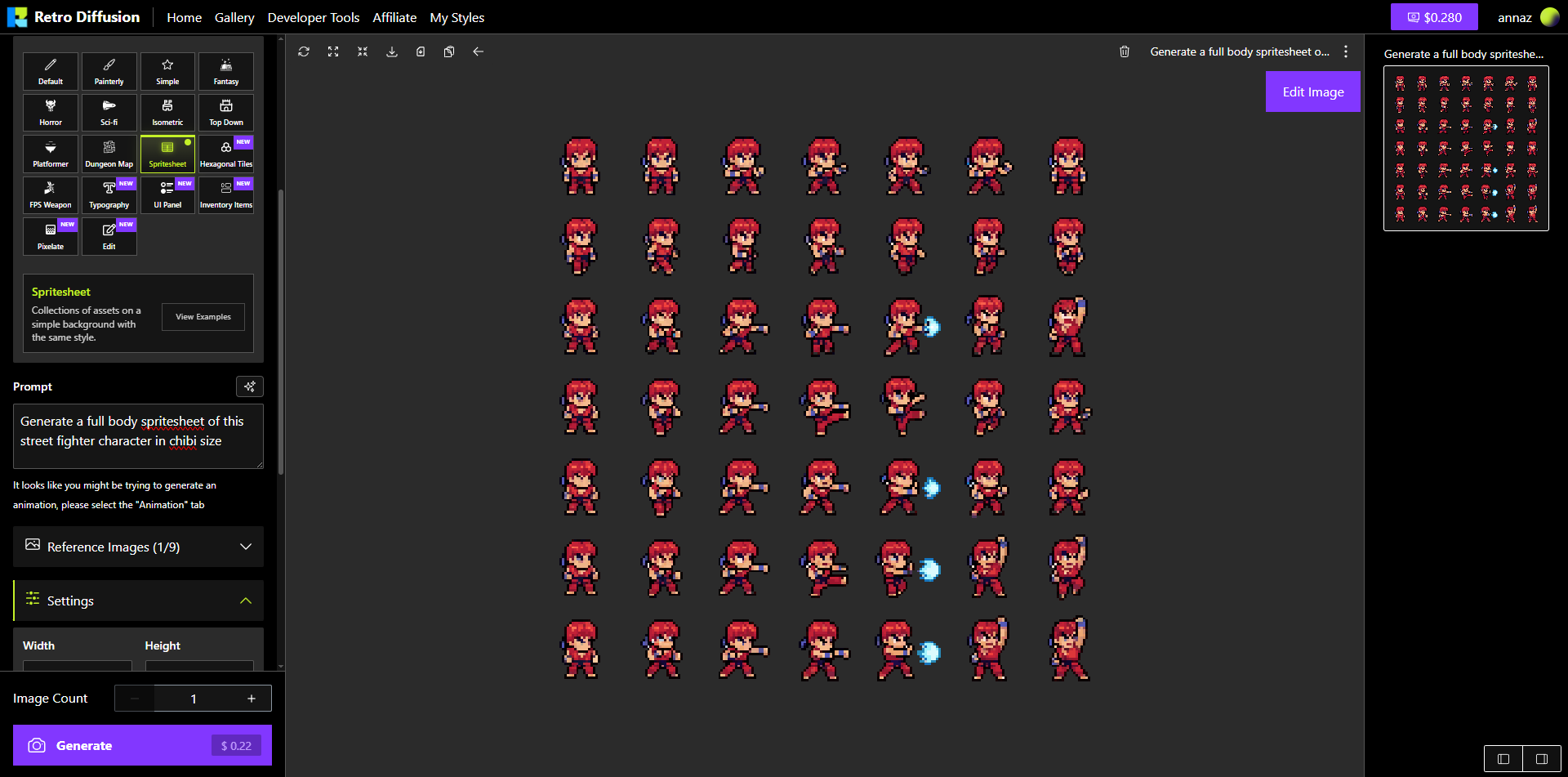 Pixel art sprite sheet created using Retro Diffusion AI tool for game development