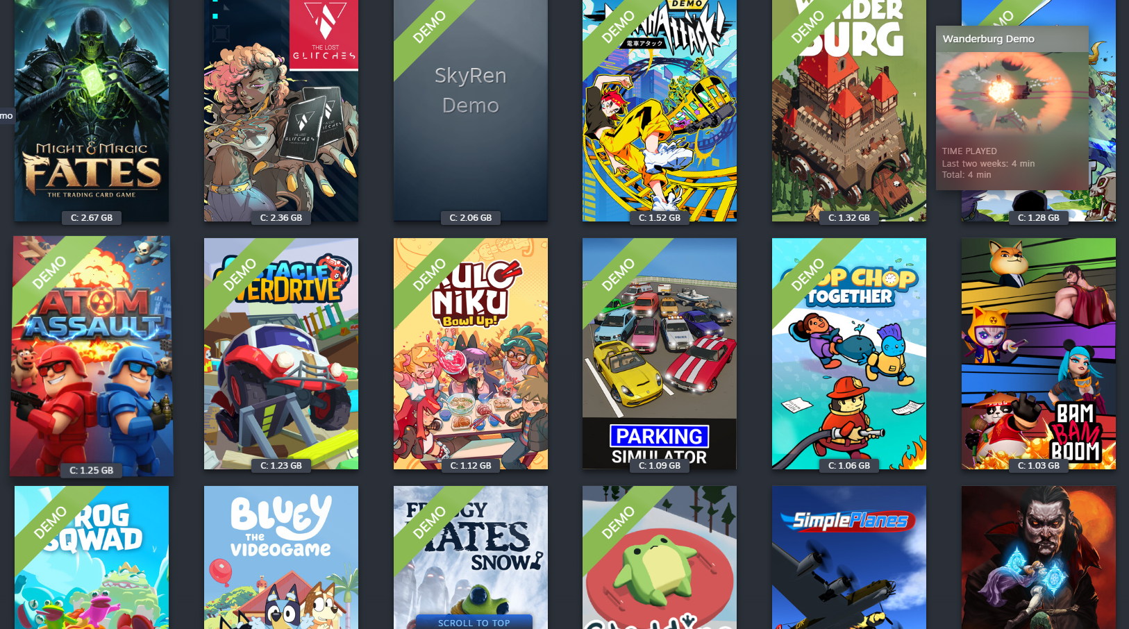Steam Library loaded with Next Fest Demos with different artworks