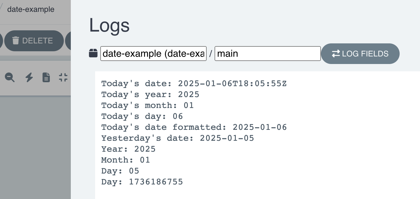Argo Workflows UI log output showing resolved date parameters: full ISO timestamp (2025-01-06T18:05:55Z), extracted year (2025), month (01), day (06), formatted date (2025-01-06), yesterday's date (2025-01-05), and Unix epoch value (1736186755)