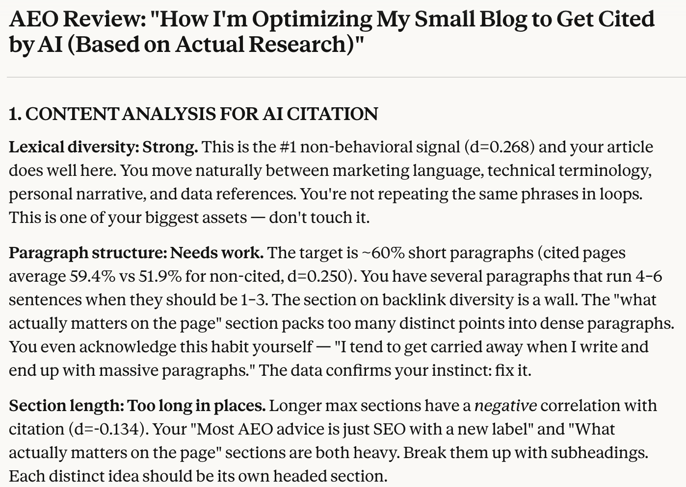 AEO analysis of an article evaluating lexical diversity, paragraph structure and section length