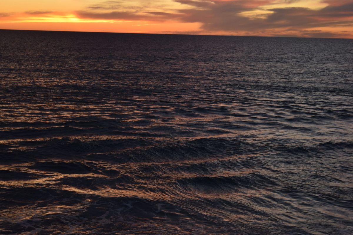 Dark ocean waves reflecting an orange sunset sky