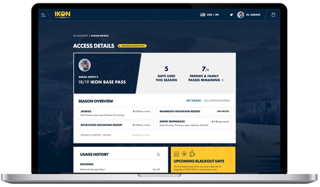 A desktop screenshot of Ikon Pass Access Details v1