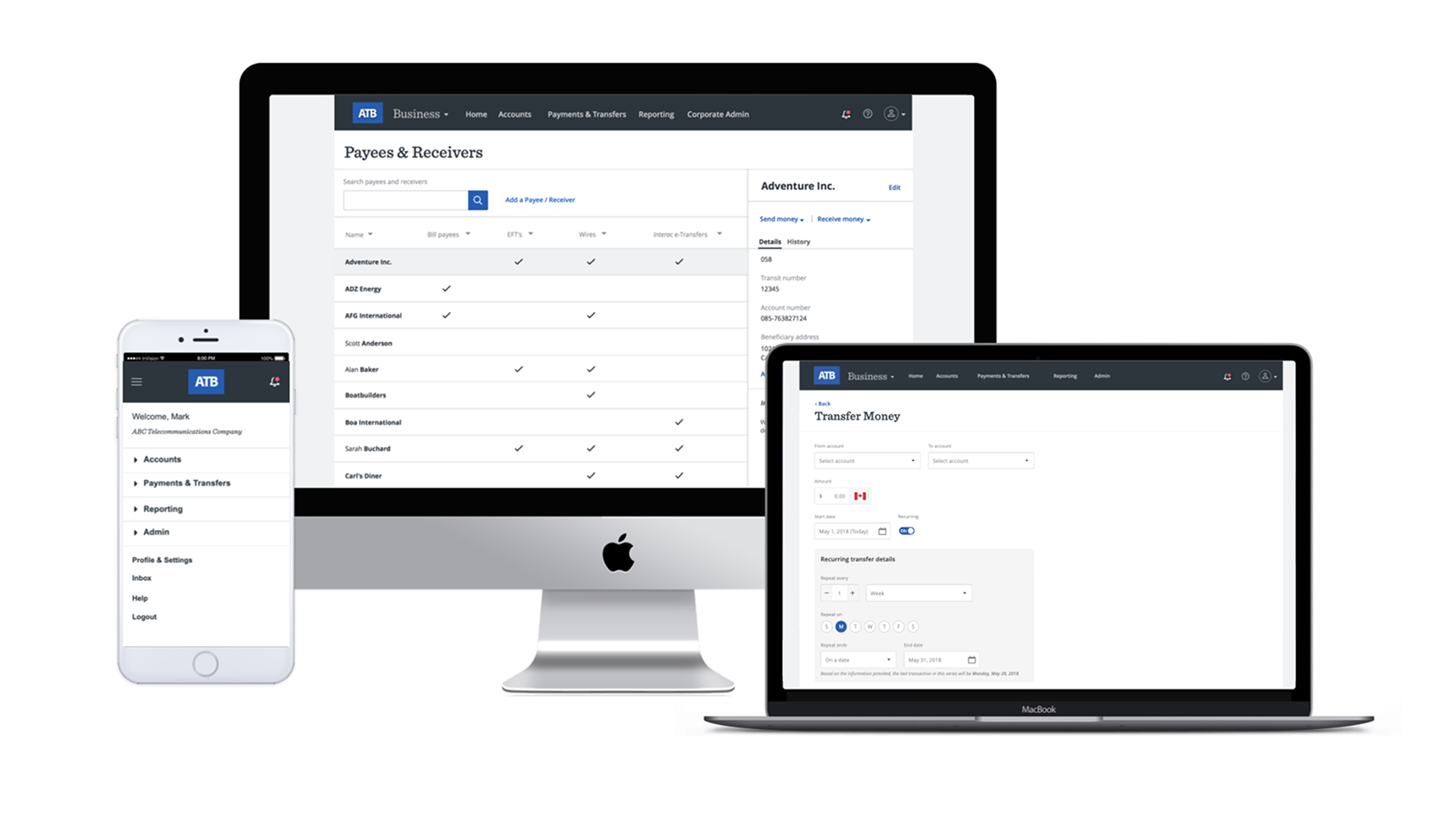 Prototype screenshots of ATB Business Banking software.