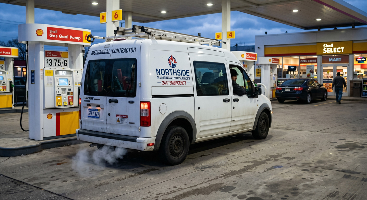 Van idling in a gas station parking lot.