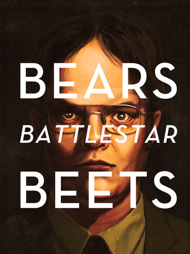Digital painting of Dwight Schrute from The Office with bold white typography reading 'BEARS BATTLESTAR BEETS'.