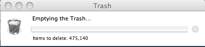 Screenshot of Mac OS X progress window showing Emptying the Trash with 475,140 items to delete.