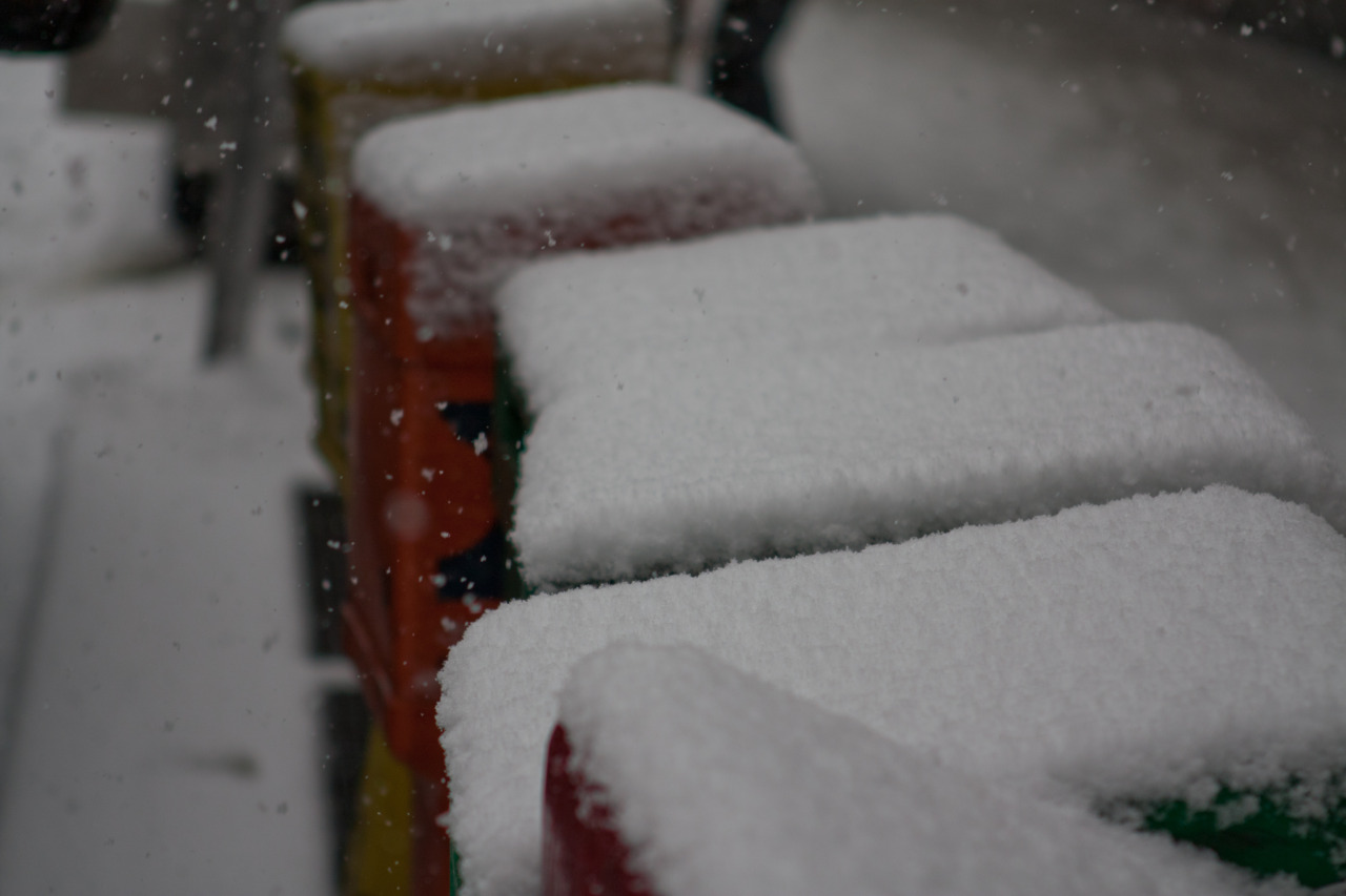 Row of red, yellow, and green newspaper distribution boxes covered in freshly fallen snow on a sidewalk.