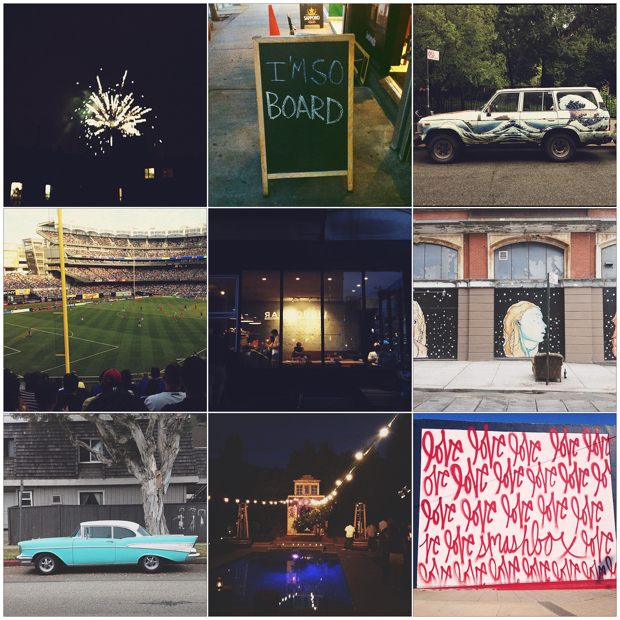 Grid of nine Instagram snapshots including fireworks, soccer at Yankee Stadium, and street art.