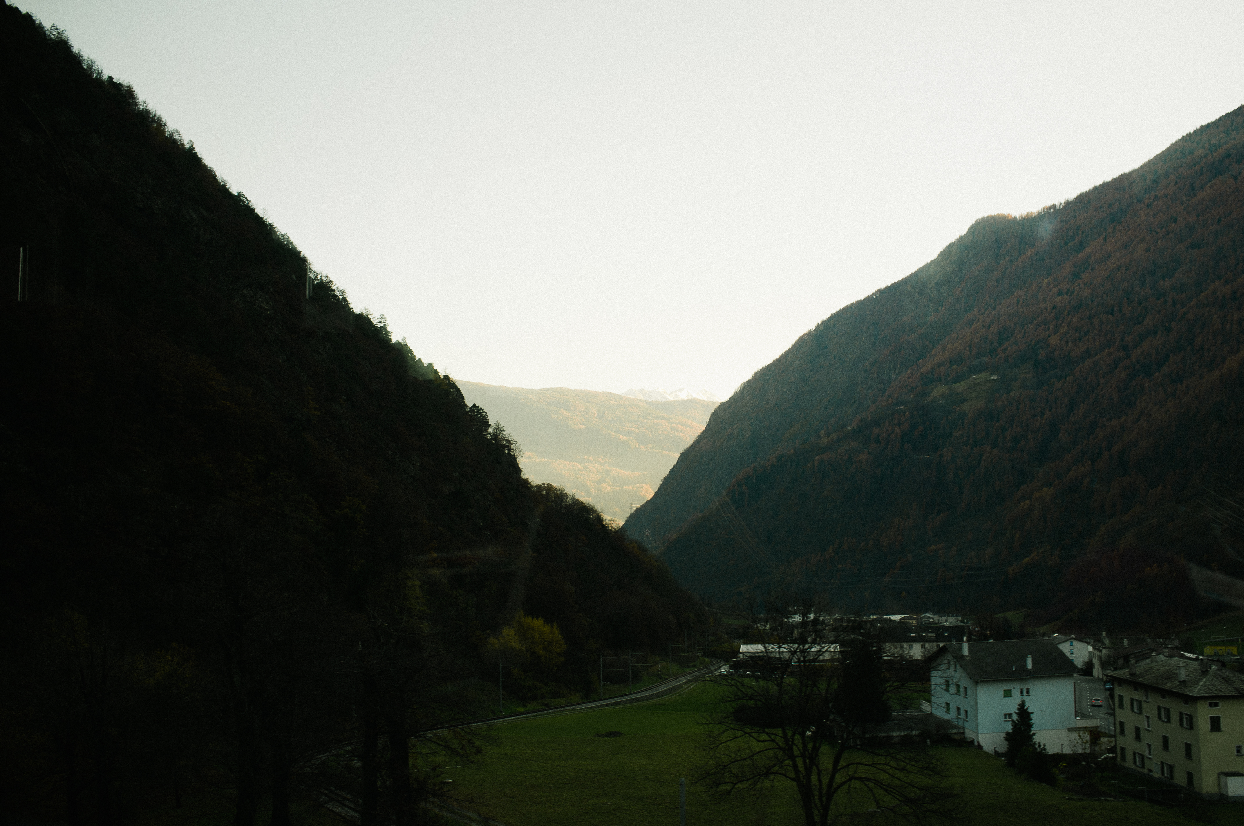 Bernina Express tracks curving through a Swiss Alpine valley with chalets among evergreen forest.