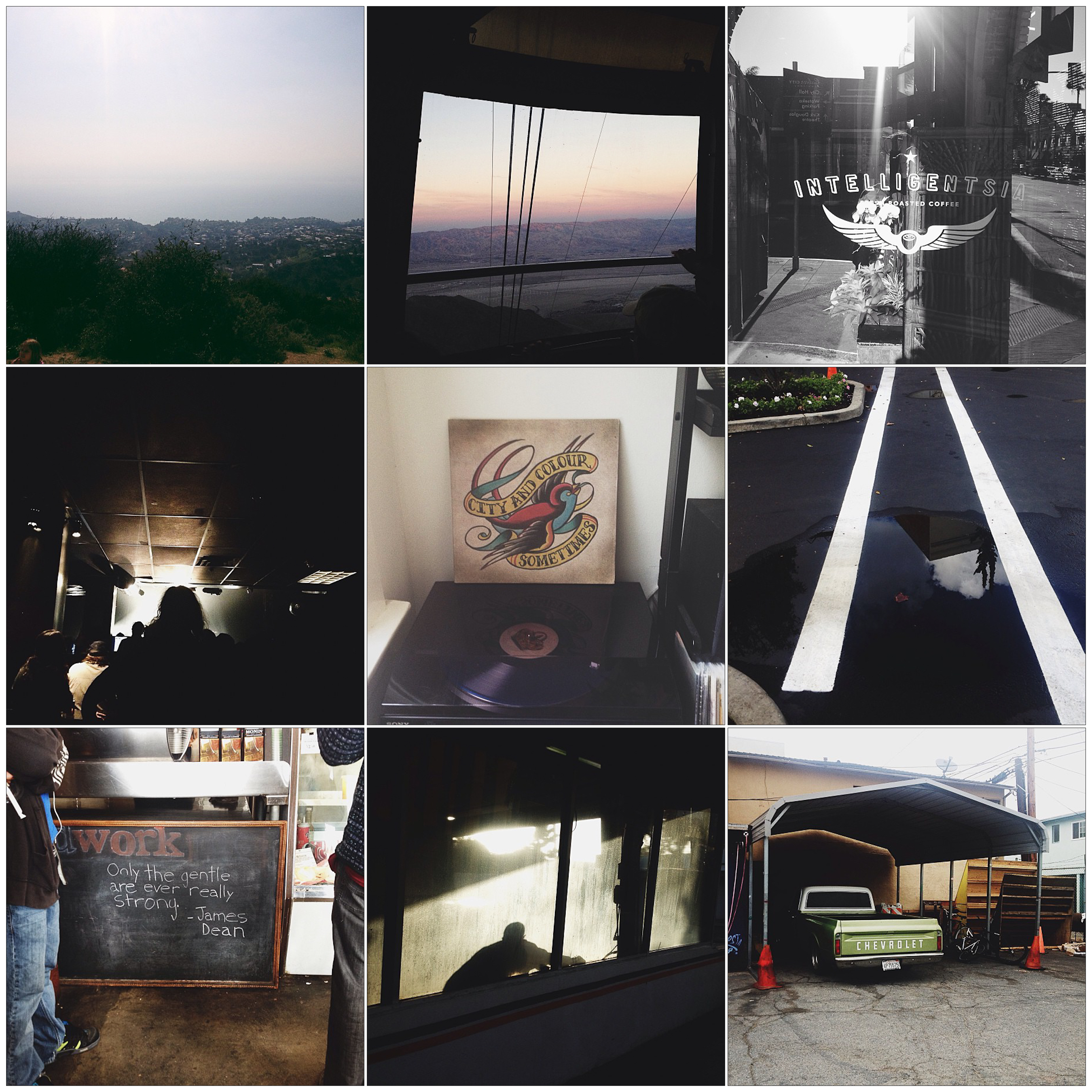 Nine-panel grid: mountain tram, coffee shop window, concert, vinyl record, puddle, and classic truck.
