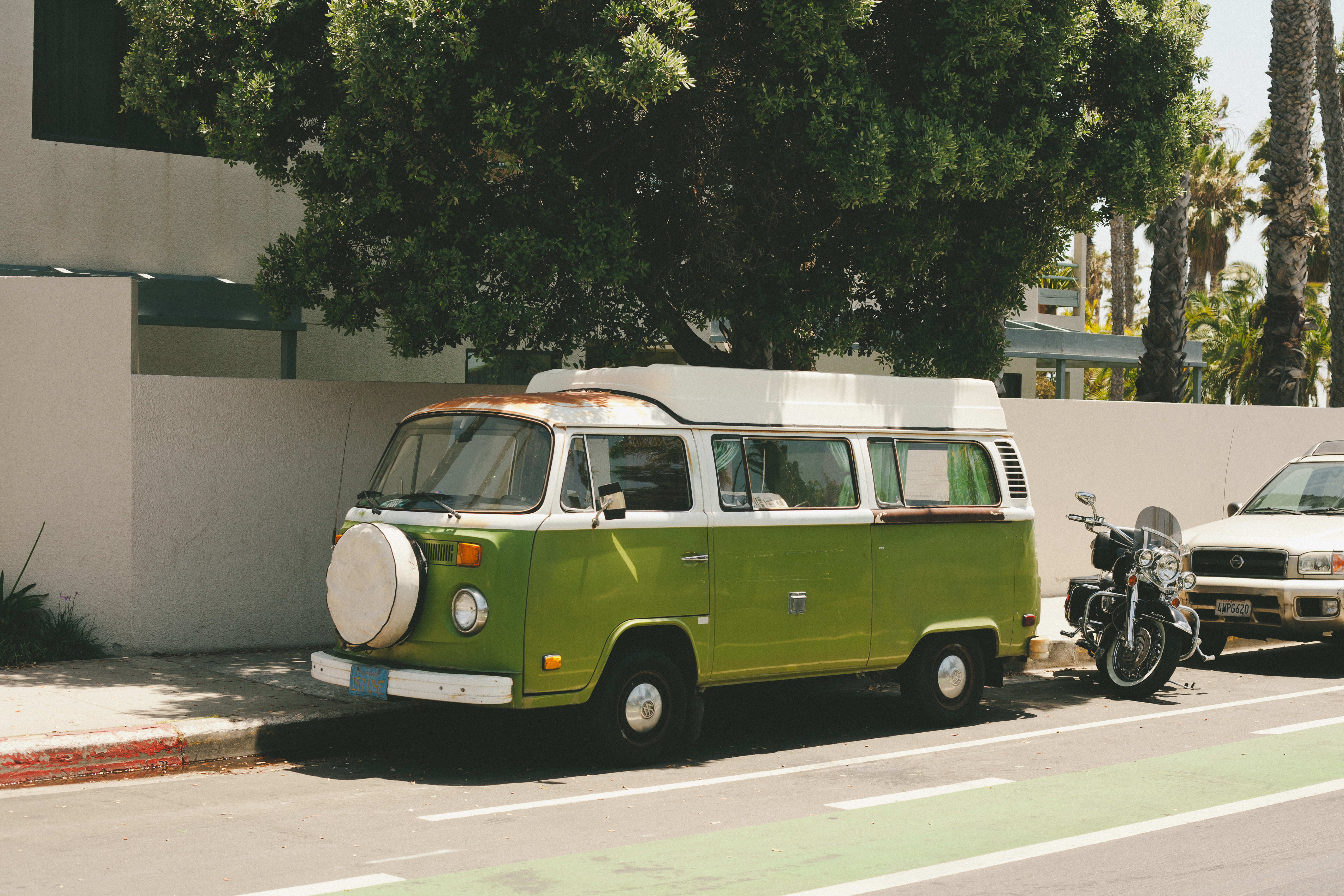 Classic green and white Volkswagen camper van parked along a California street lined with palms.