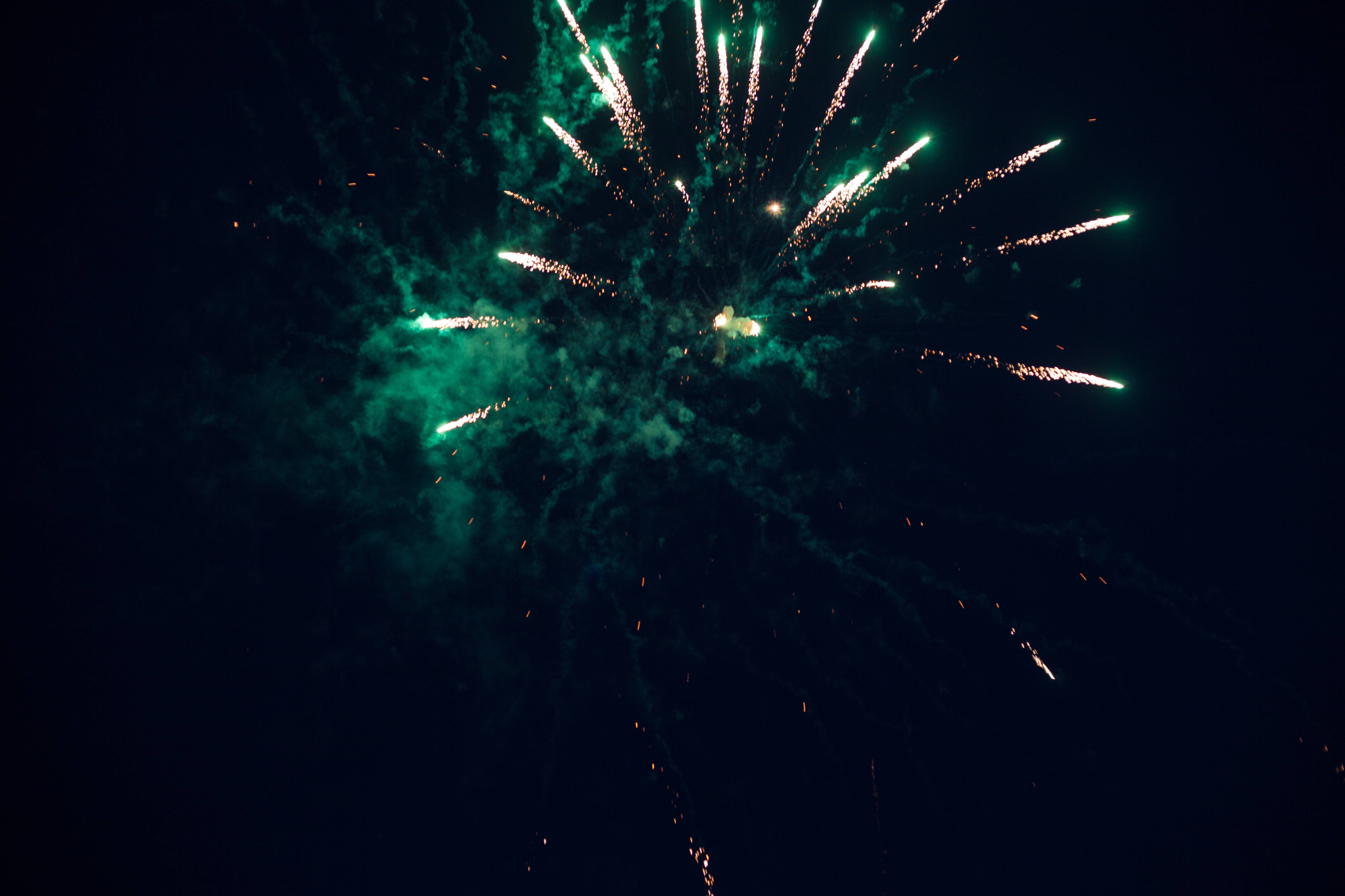 Burst of green and gold fireworks exploding in the night sky over Harbor Springs.