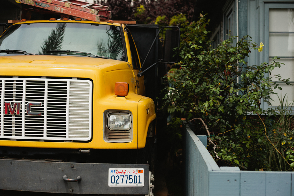 Front view of a vibrant yellow vintage GMC work truck parked beside a light blue wooden garden fence and rose bush.