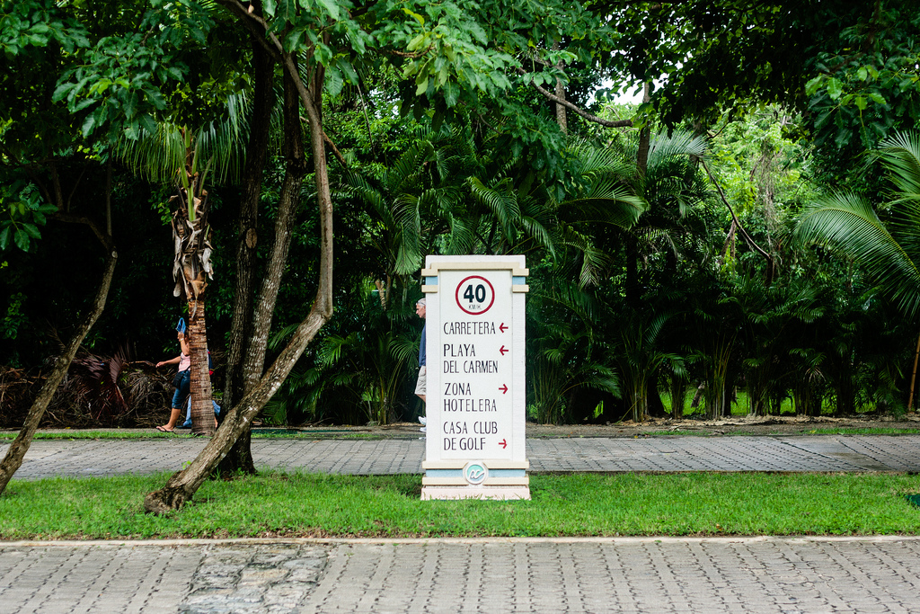 Roadside sign for Playa del Carmen, Zona Hotelera, and Casa Club de Golf surrounded by palms.