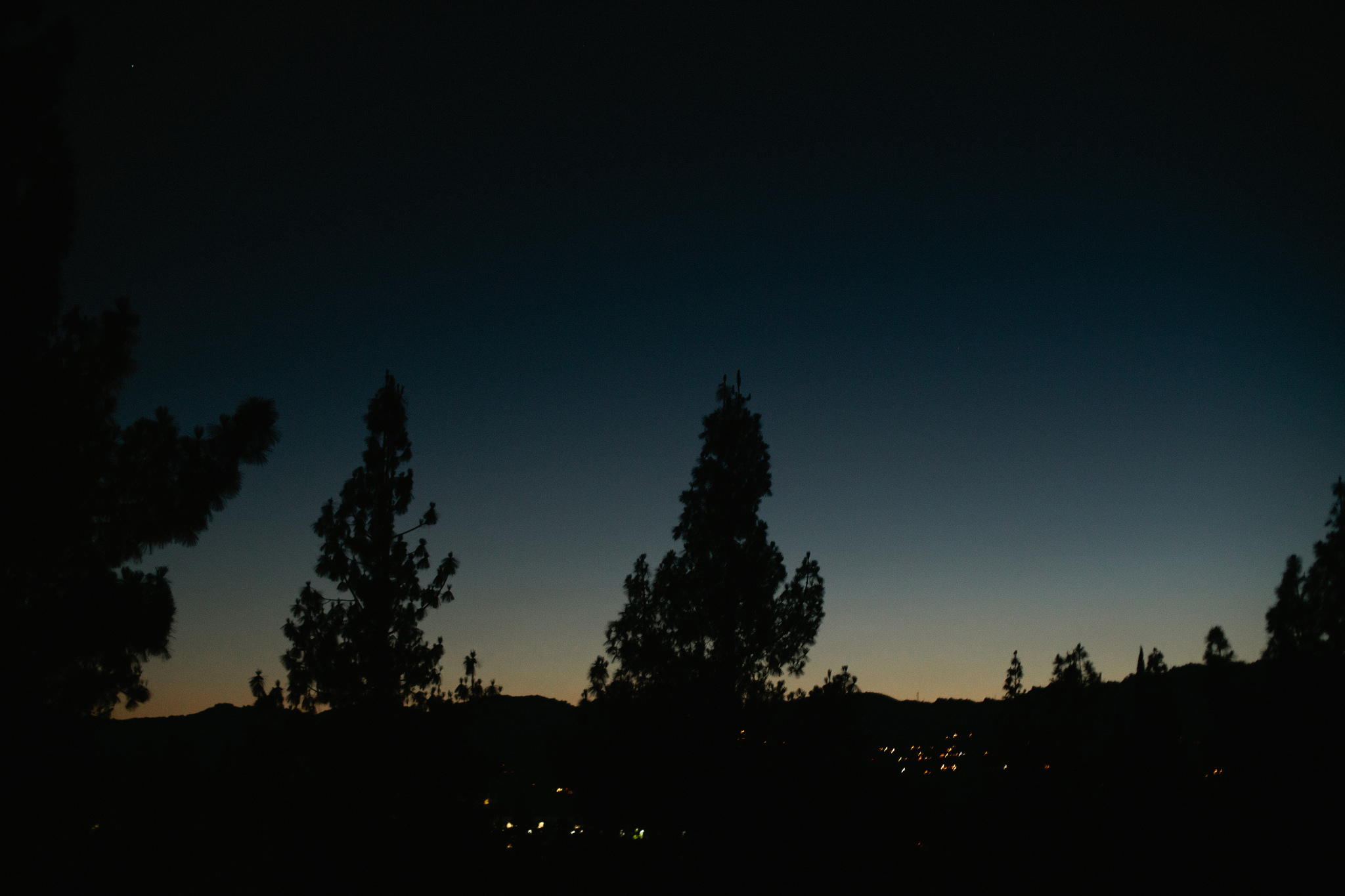 Silhouette of pine trees and hillside ridges against an evening sky with city lights in the valley below.