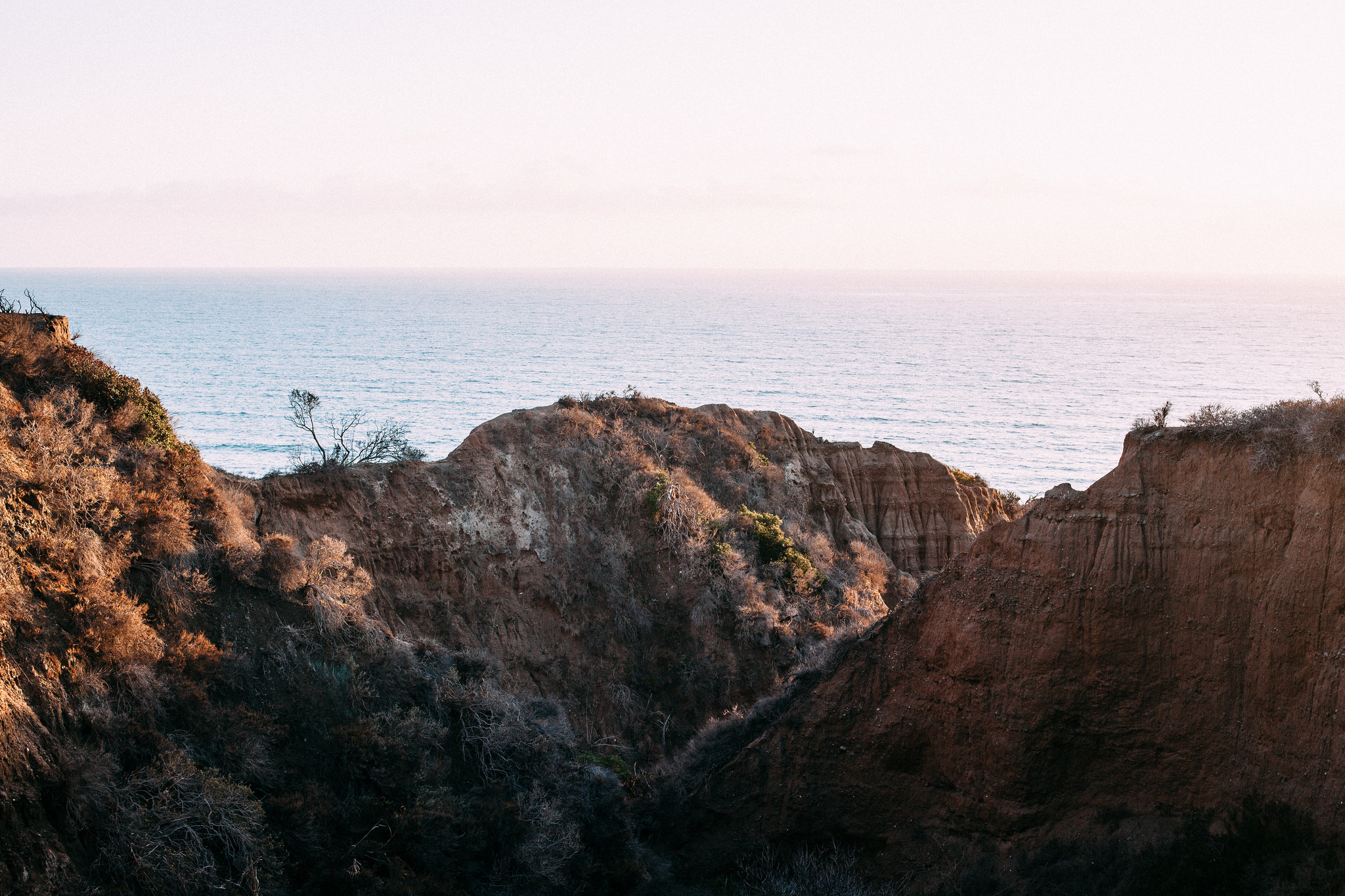Rugged coastal bluff landscape with dry scrub brush and eroded sandstone ravines overlooking the calm blue Pacific ocean, shot with a Canon 5D Mark II.